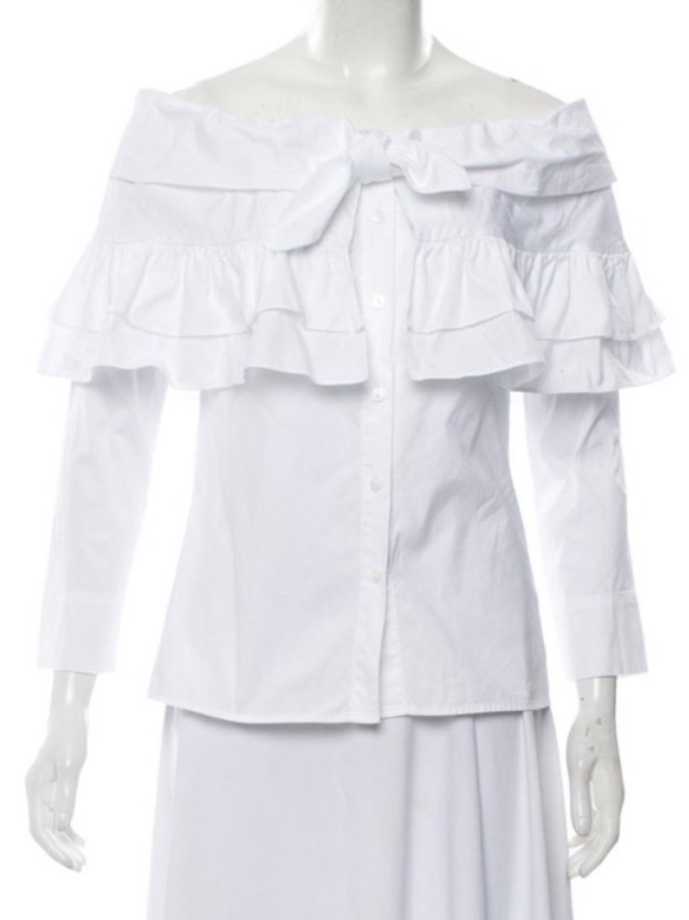 Petersyn White Off-Shoulder Ruffle Button-Down Top